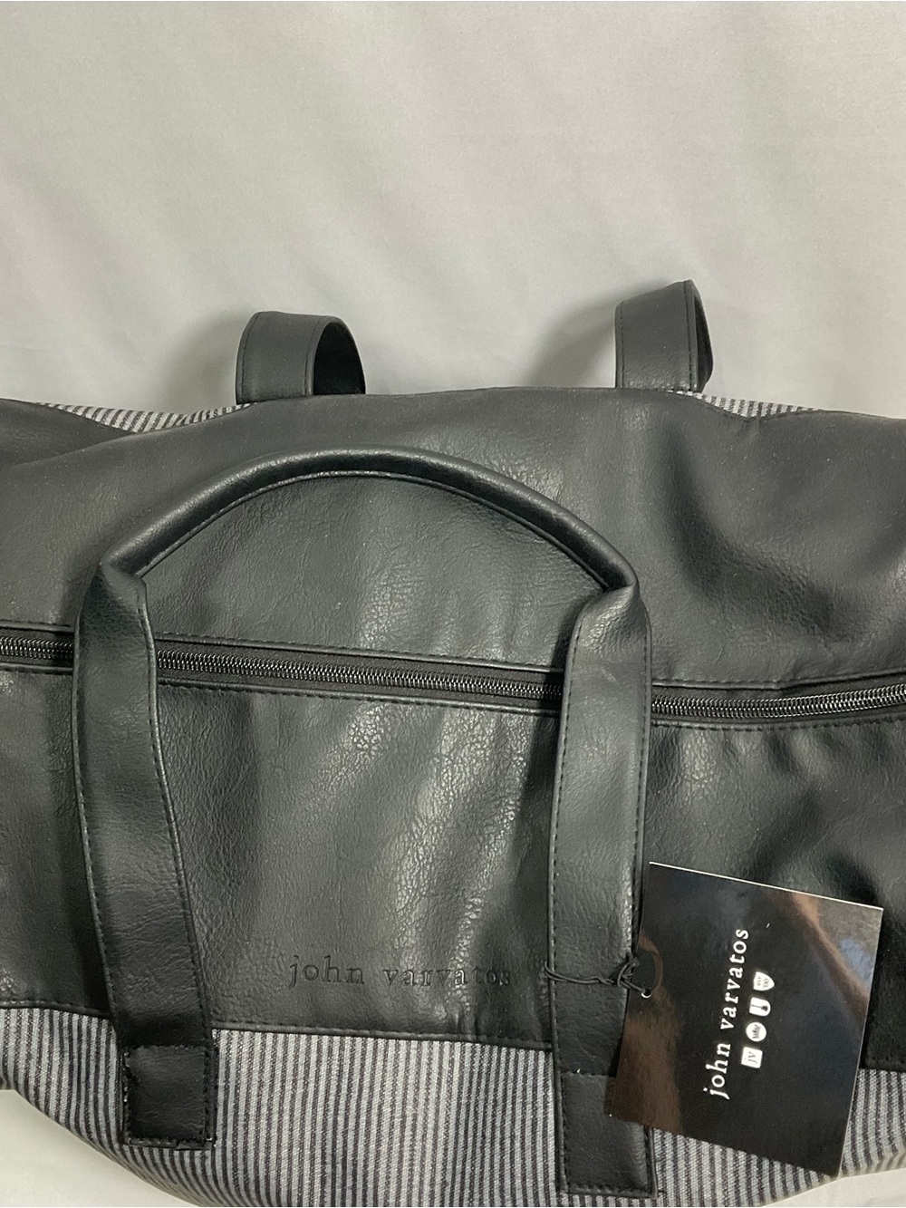 John Varvatos Black Leather-Trim Striped Duffel